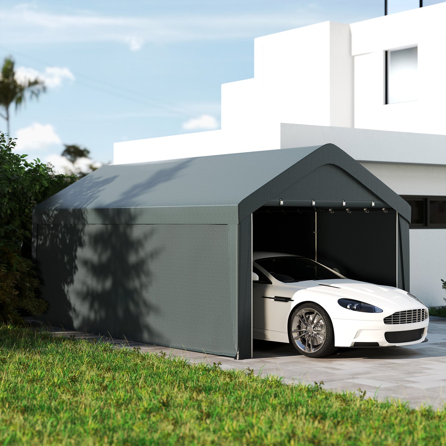 Carport, 10 x 20 ft Portable Garage with 2 Roll-Up Doors and Removable Sidewalls for Car, Truck, Boat, Dark Grey