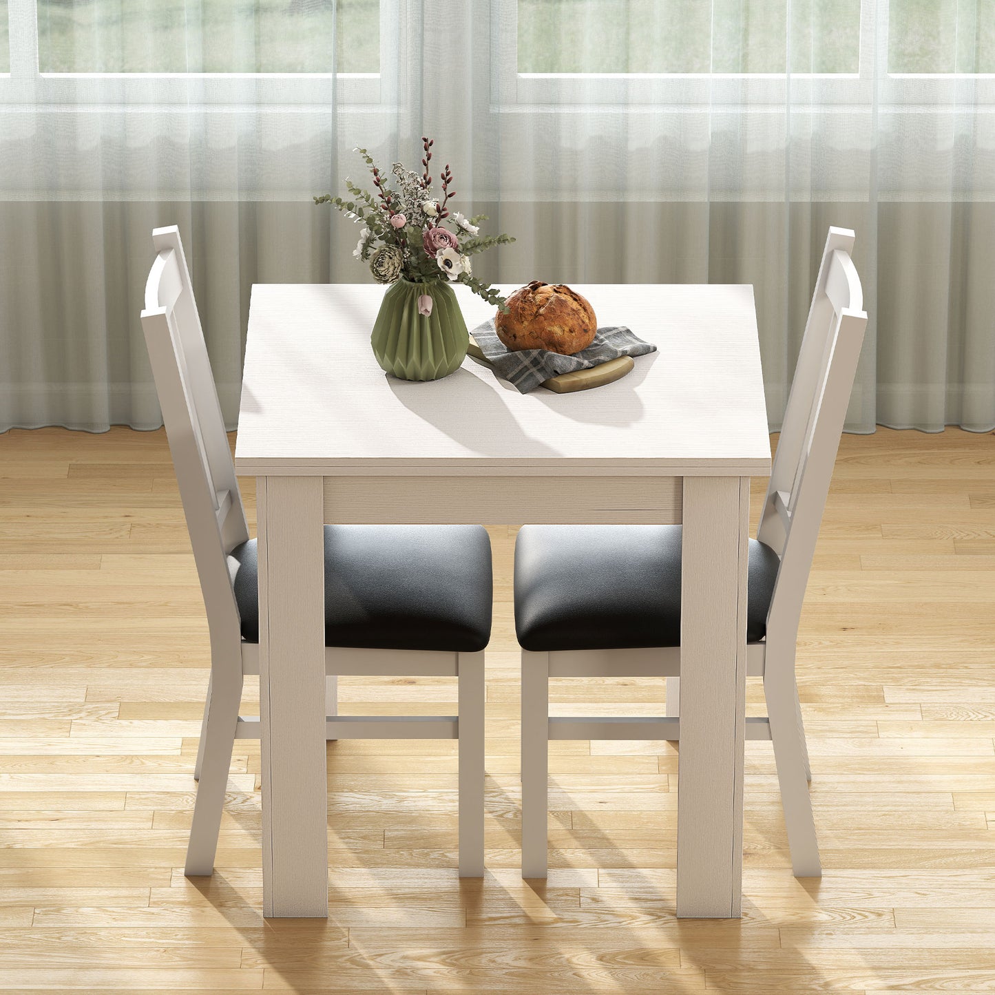 55" Extendable Dining Table for 4-6 Person, Kitchen Table with PU Handle and Felt Pads for Small Spaces, White