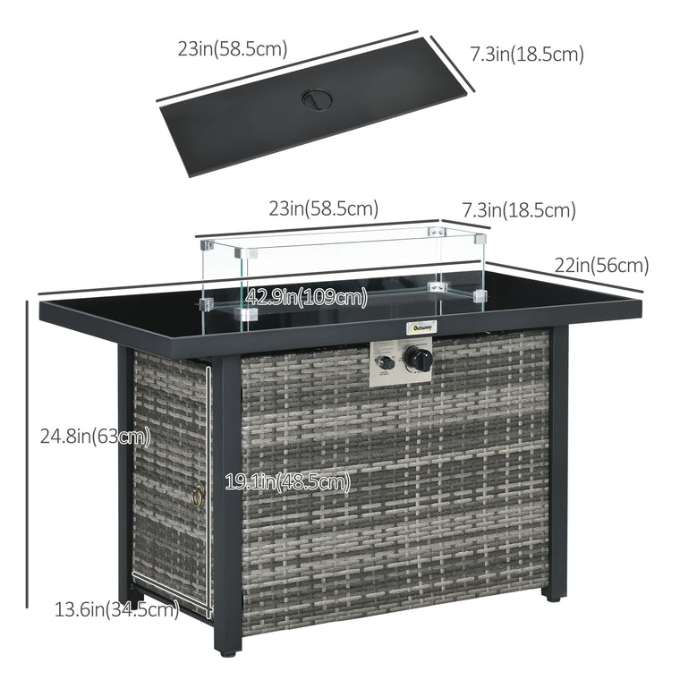 Grey 43" Wicker Propane Fire Pit Table with Wind Guard