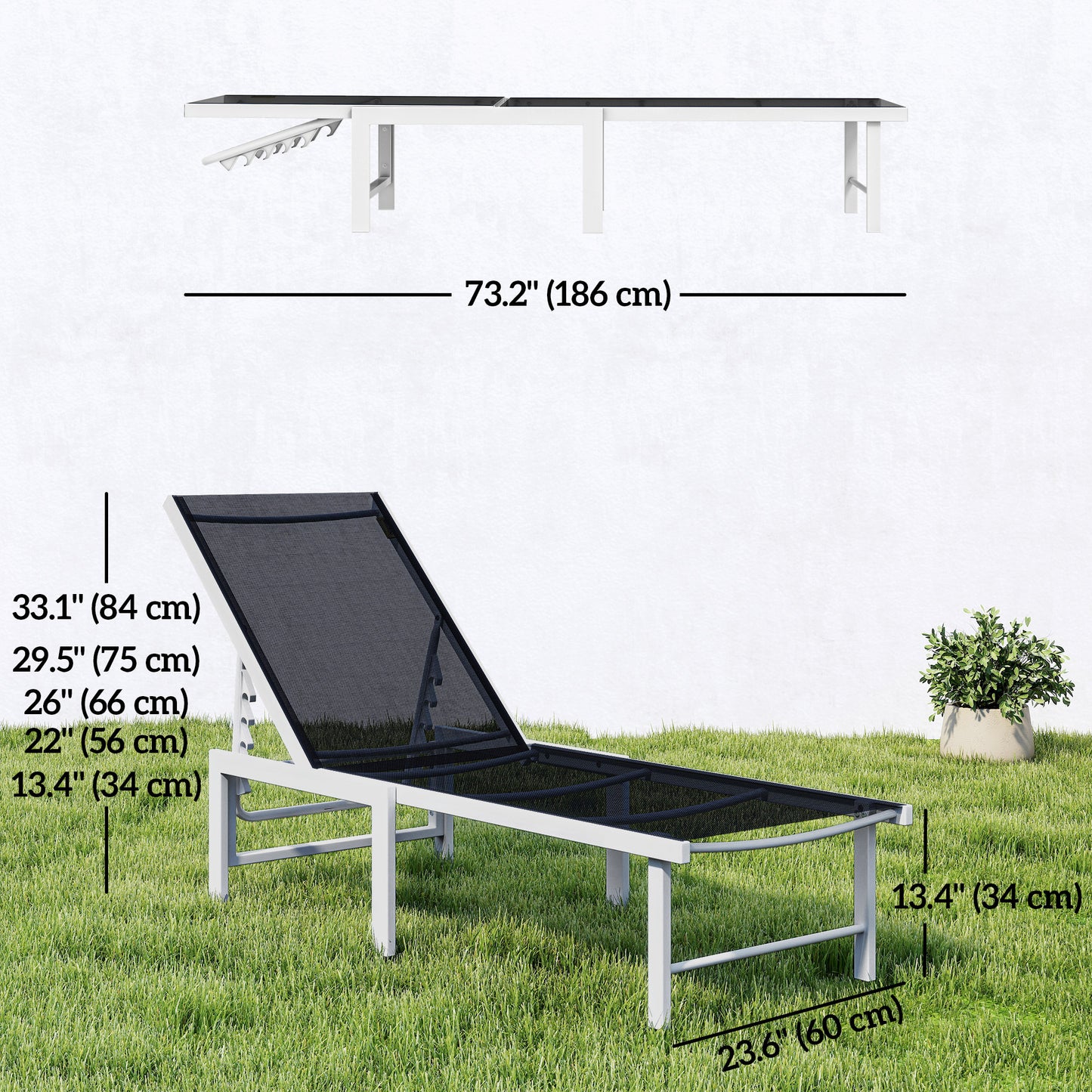 Outdoor Lounge Chair, 5-Position Reclining Outdoor Chaise Lounge Tanning Chair with Mesh Seat, Black
