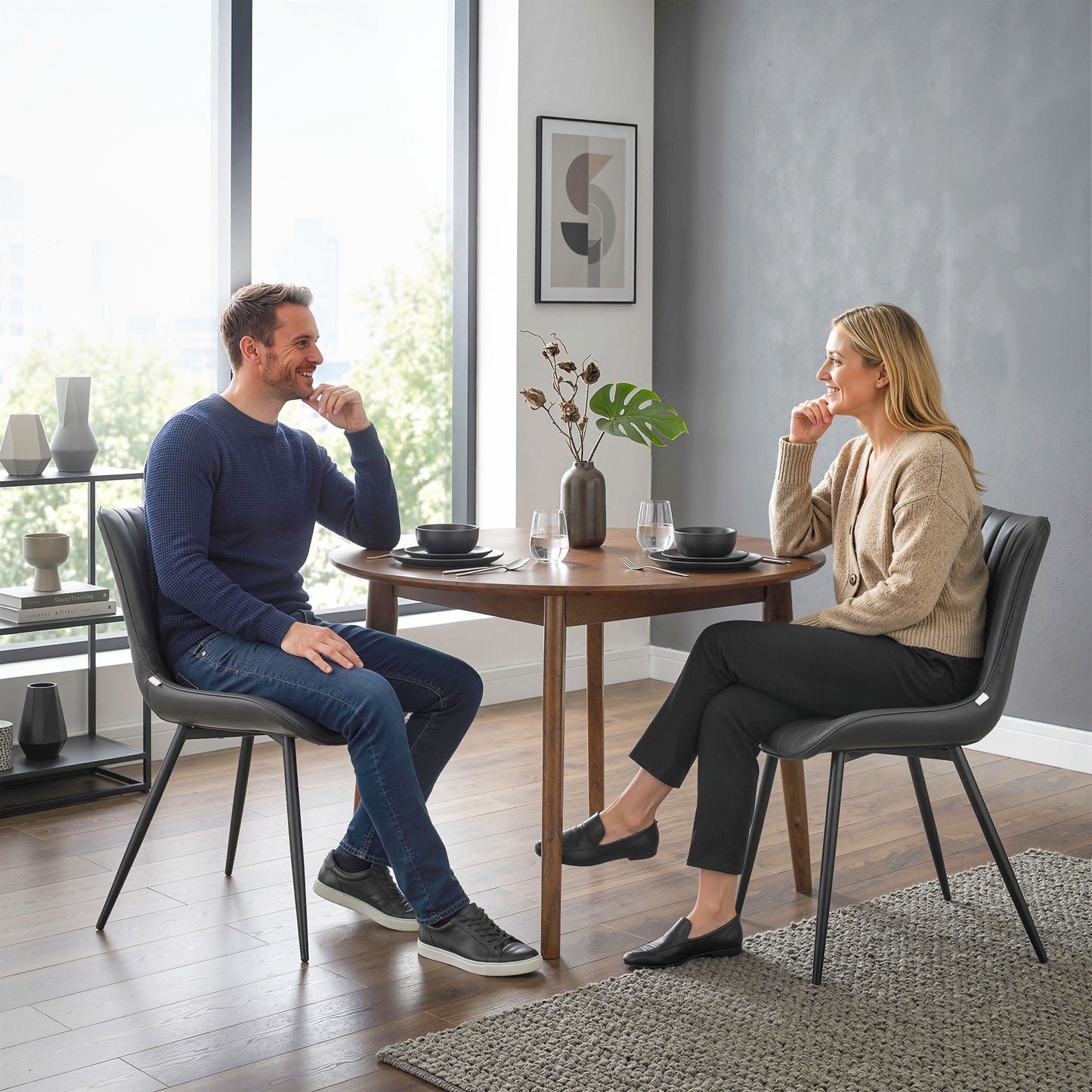 Dining Chairs Set of 2, PU Leather Upholstered Kitchen Chairs with Backrest and Steel Legs, Black