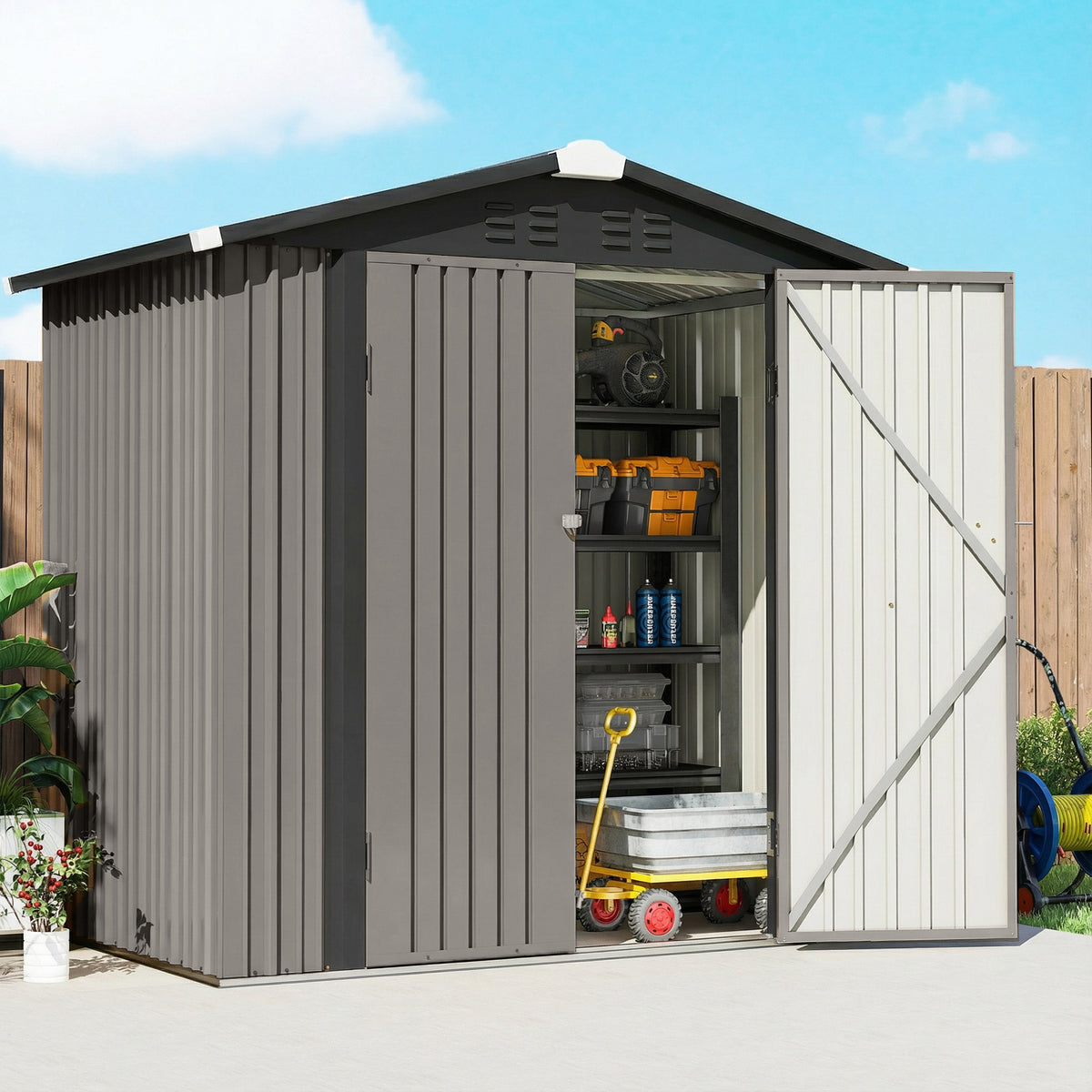 6.5' x 4' Metal Garden Shed with Lockable Doors - Light Grey