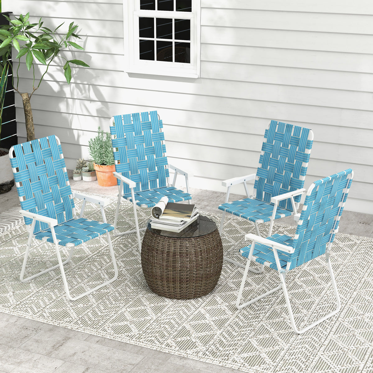 Set of 4 Folding Patio Chairs, Portable Chair Set with Armrests for Camping, Garden, Pool, Beach, Backyard, Blue