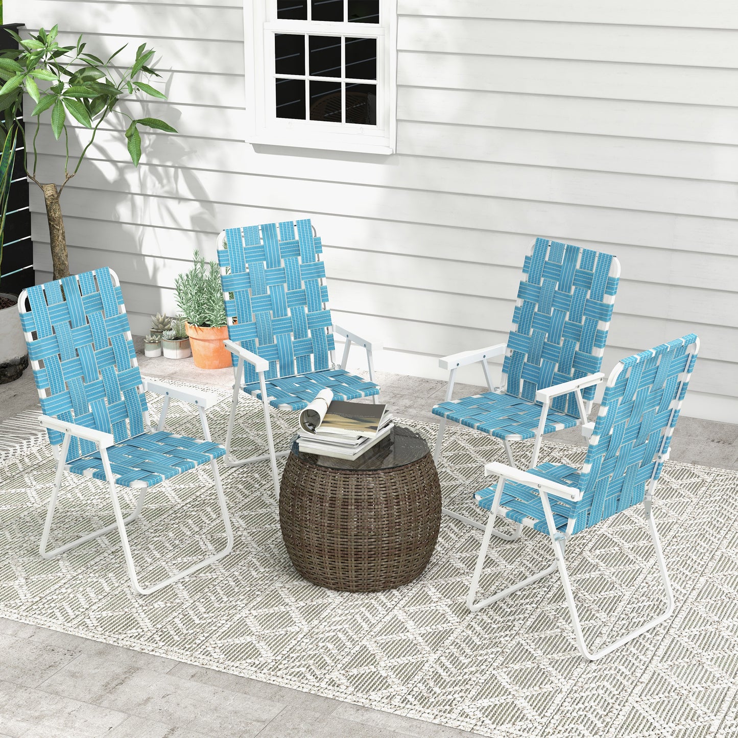 Set of 4 Folding Patio Chairs, Portable Chair Set with Armrests for Camping, Garden, Pool, Beach, Green - Blue