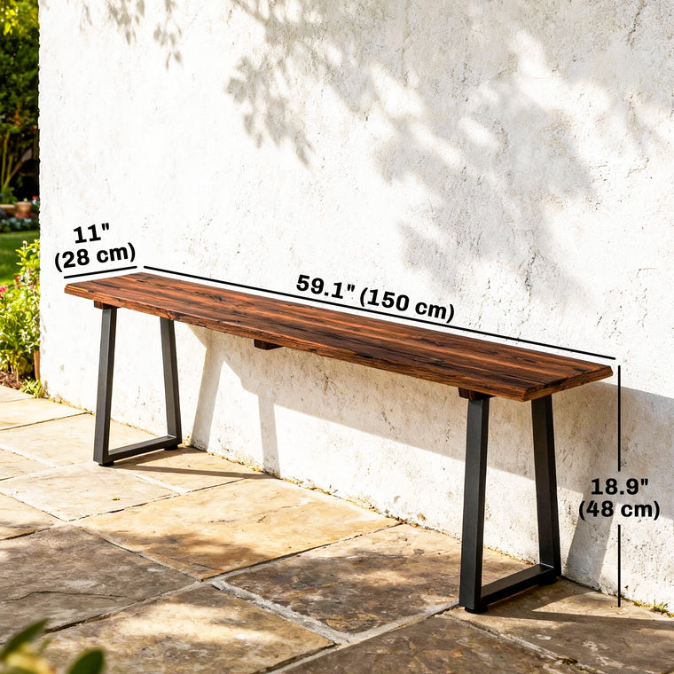 59" Wood Backless Garden Bench with Steel Legs