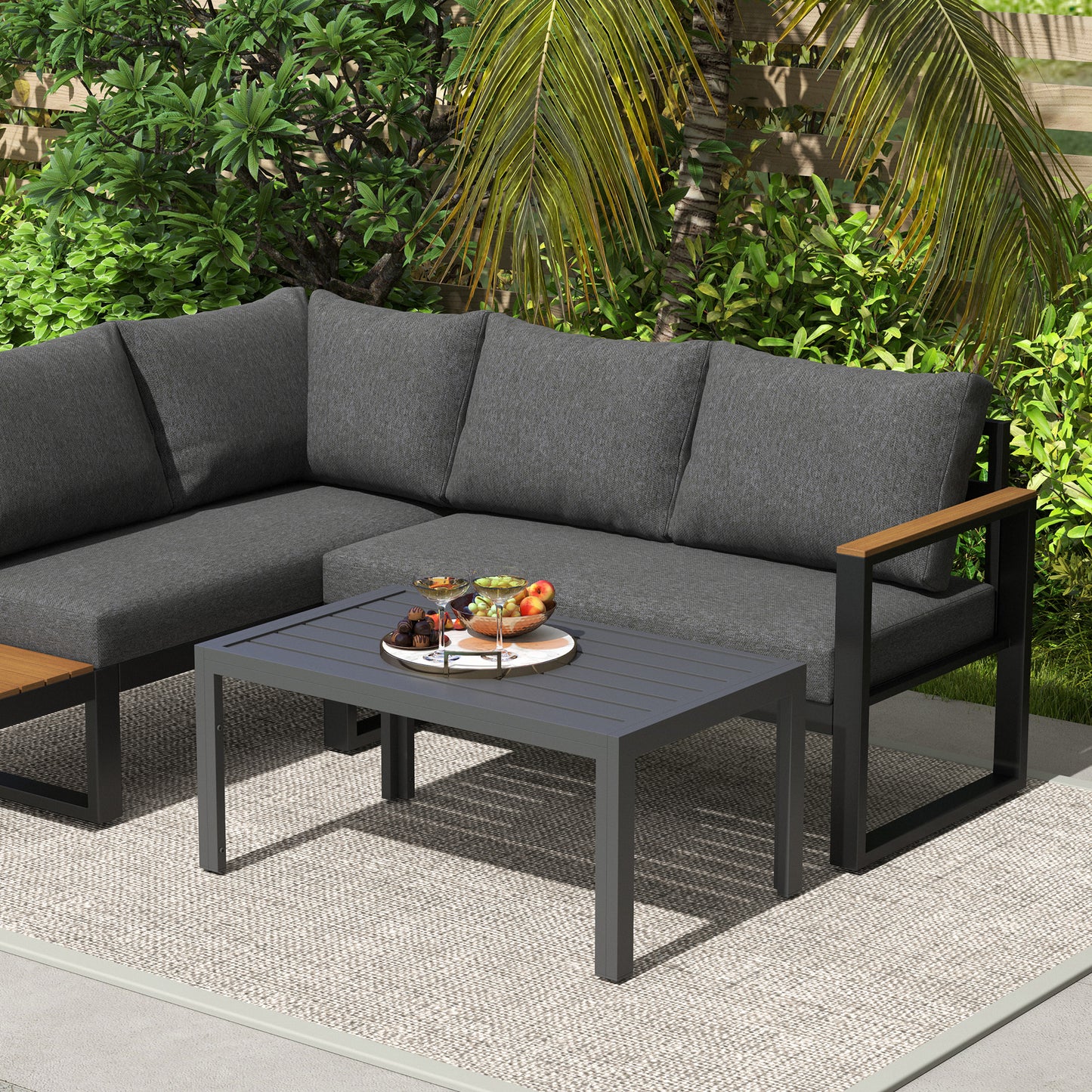 Outdoor Coffee Table, Rectangular Patio Table with Steel Frame and Slat Tabletop for Garden, Balcony, Grey