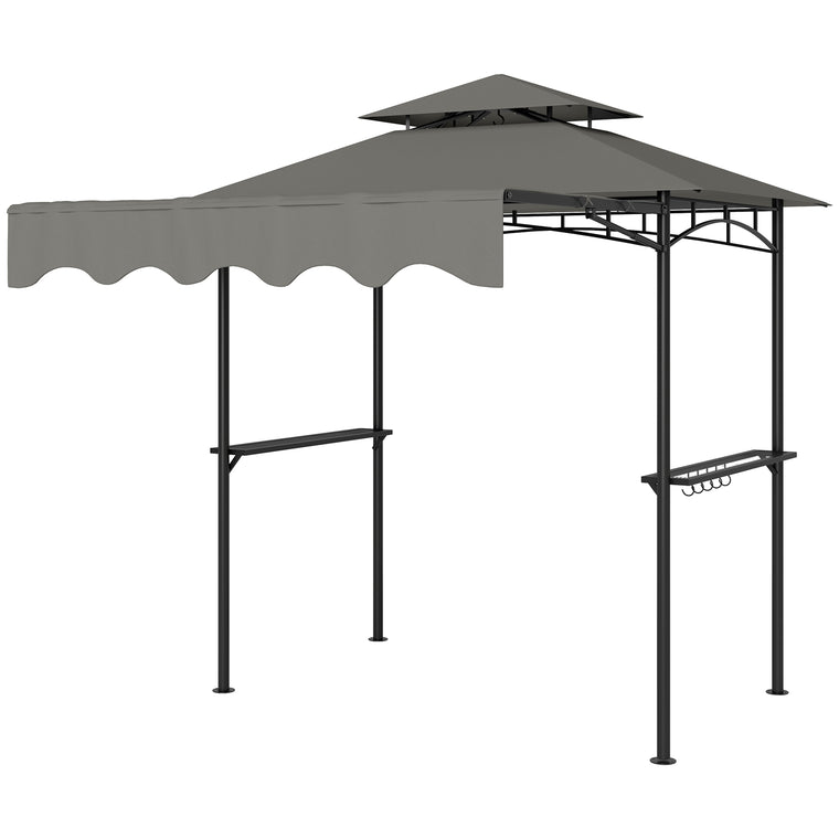8' x 7.6' Light Grey Grill Gazebo with Side Awning & Shelves