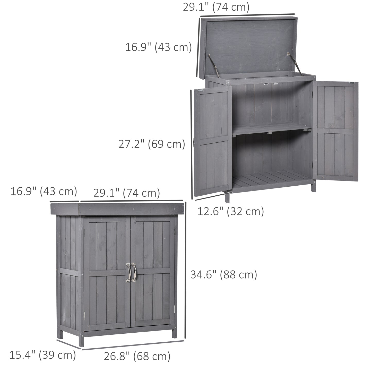 Wooden Garden Tool Storage Shed Kit with Hinged Roof, 2-Tier Shelves and Double Doors, 74x43x88cm, Dark Grey