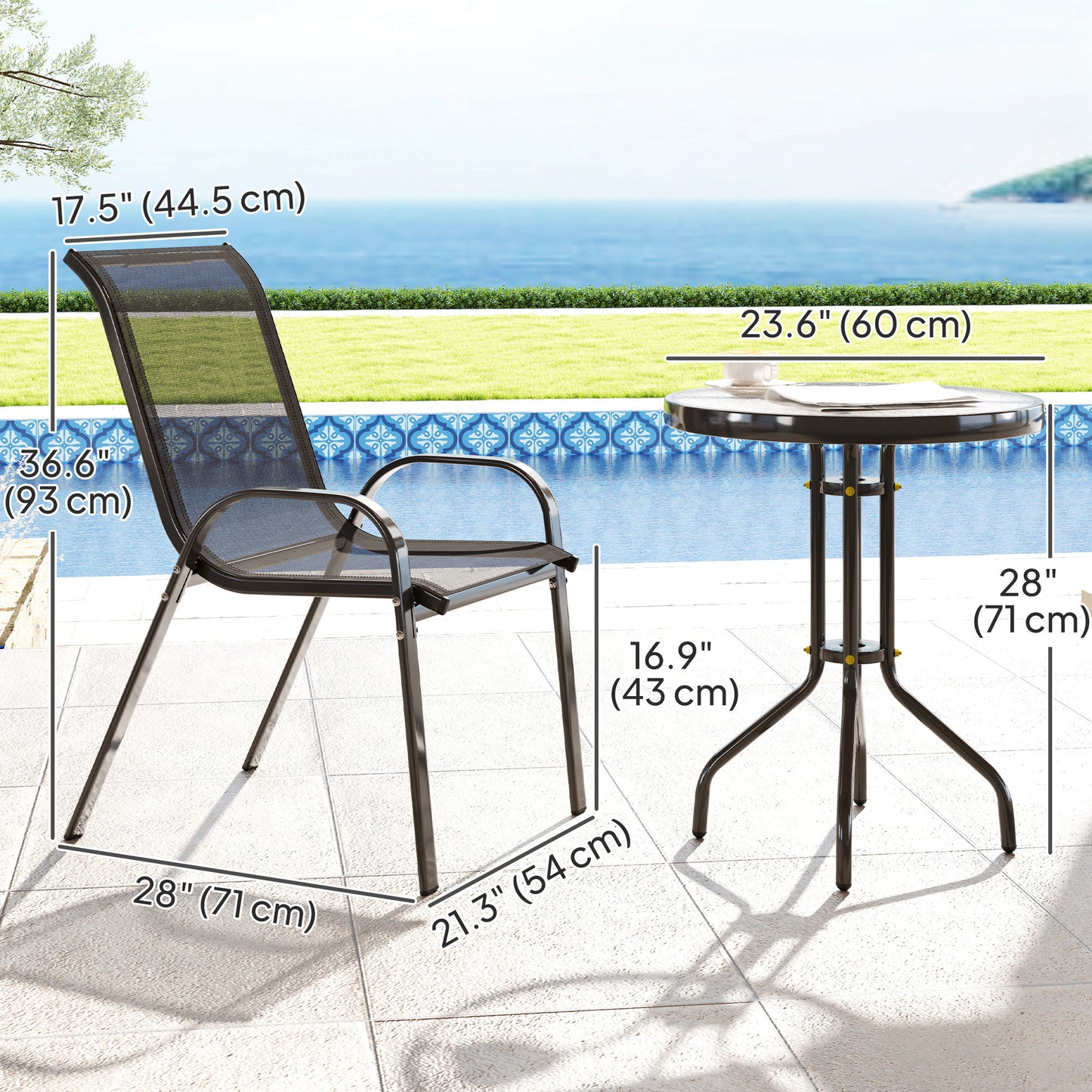3 Pieces Bistro Set, Small Patio Furniture Set with Stackable Mesh Chairs, Glass Table for Garden, Light Mixed Brown