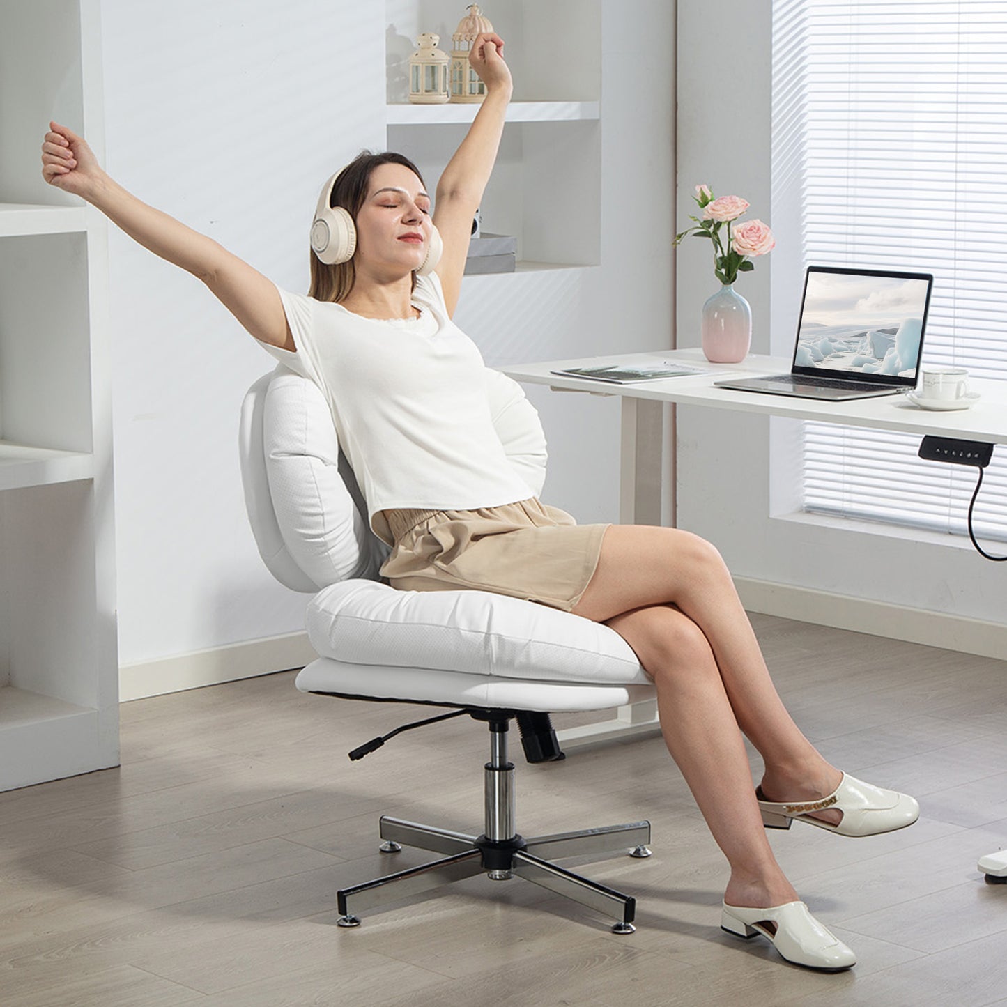 Computer Desk Chair, Armless Office Chair with Wide Padded Seat and Adjustable Height, White