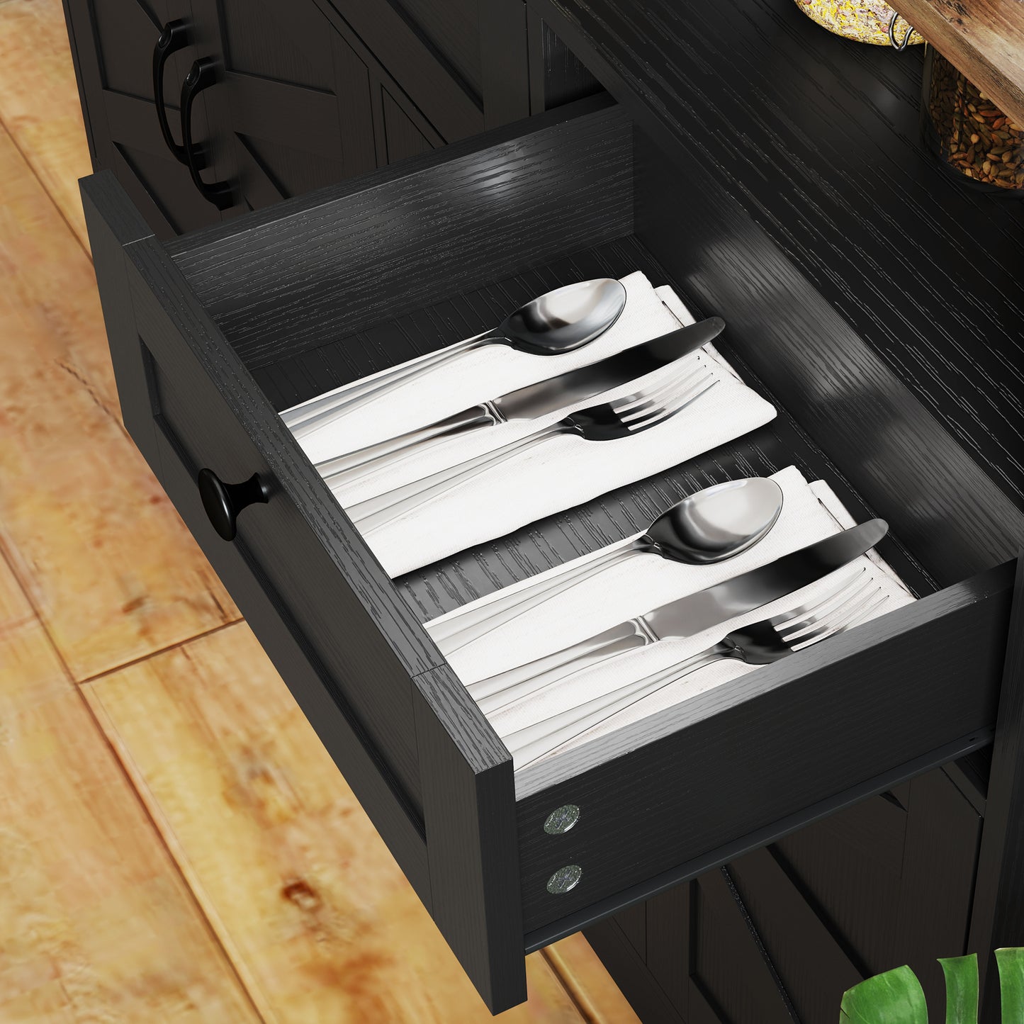 Sideboard, Buffet Cabinet with 4 Barn Doors and 3 Drawers, Coffee Bar Cabinet with Adjustable Shelves, Black
