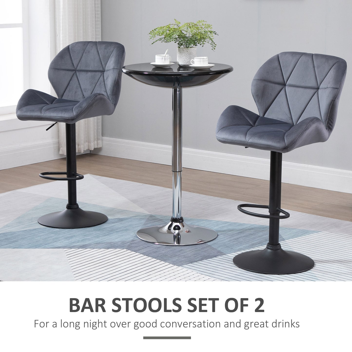 Bar Stool Set of 2 Fabric Adjustable Height Armless Upholstered Counter Chairs with Swivel Seat, Grey