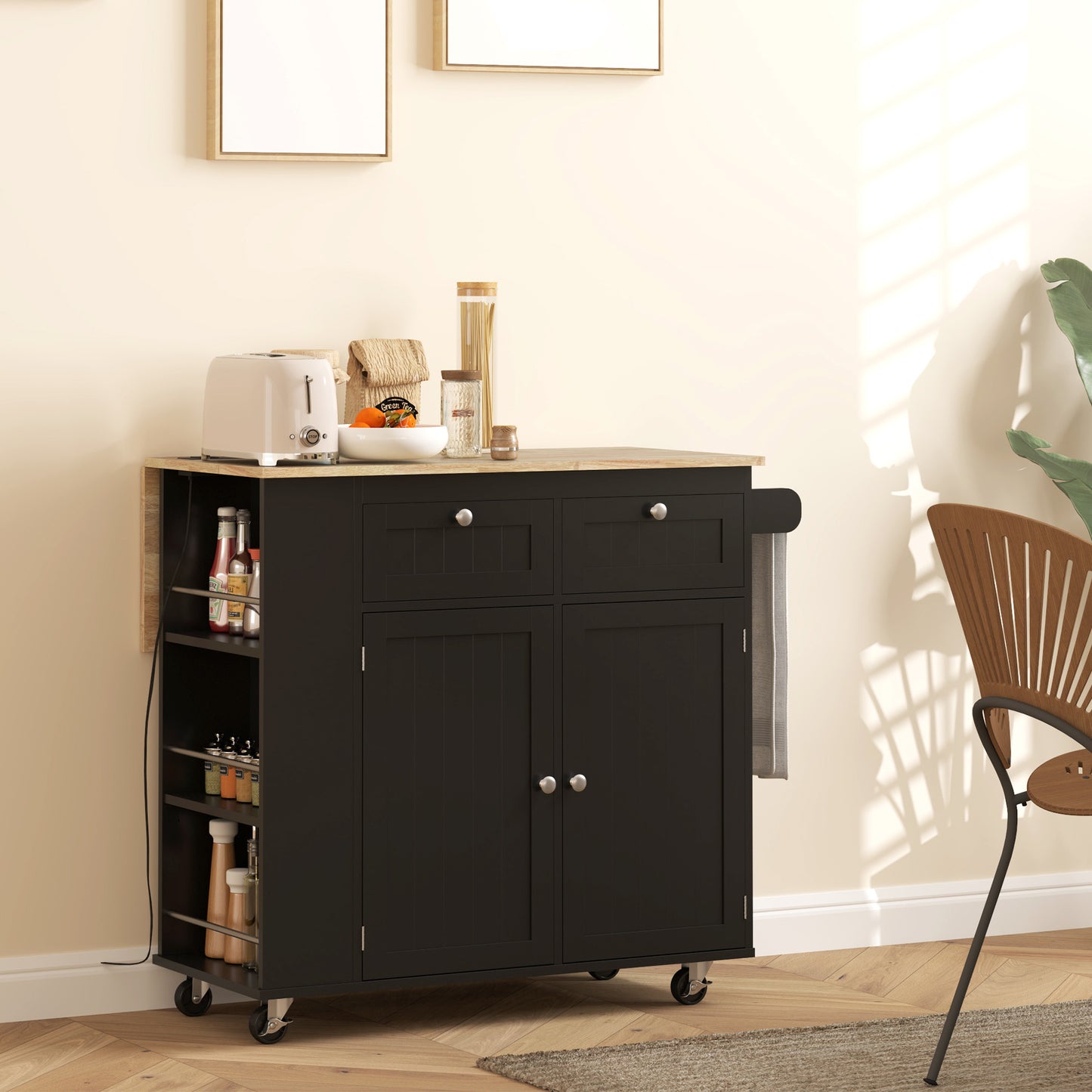Kitchen Island with Power Outlet and Drop Leaf, Rolling Kitchen Cart with 2 Drawers and Adjustable Shelves, Black
