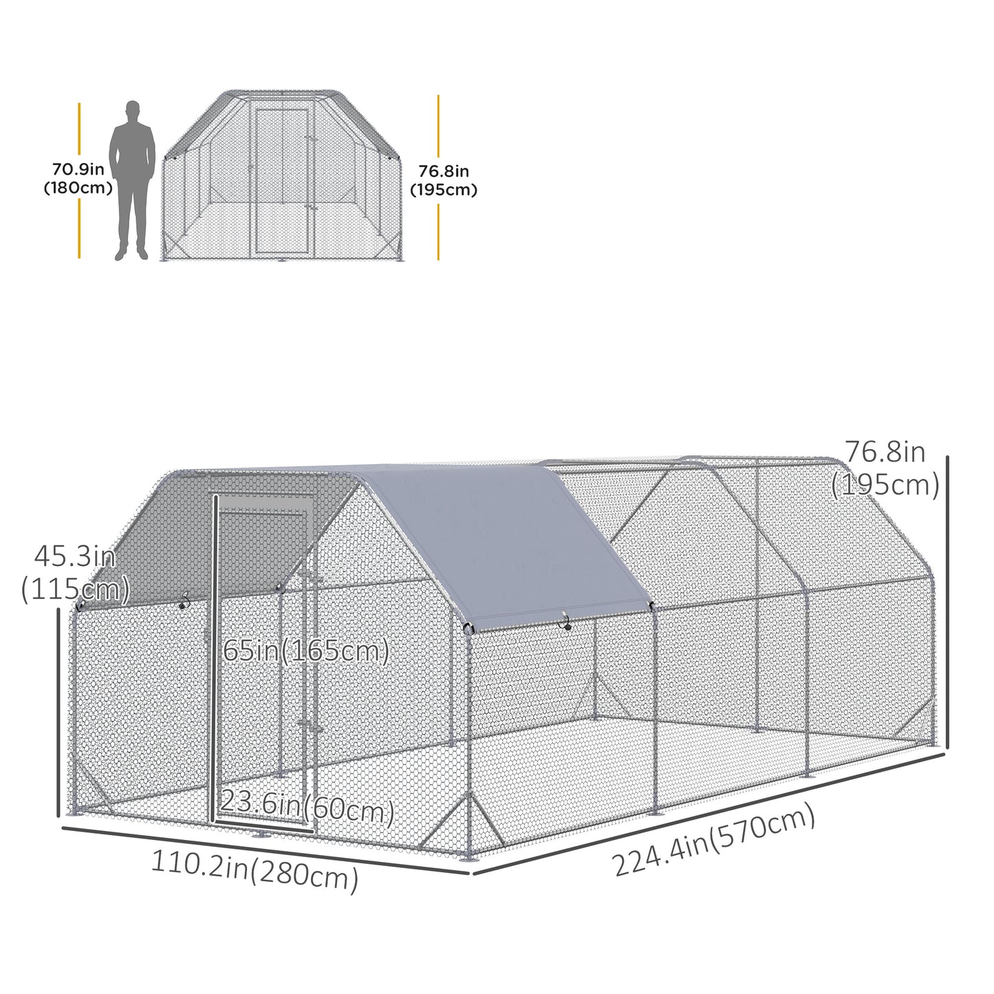 Chicken Run Outdoor, Galvanized Large Metal Chicken Coop Cage, Walk-in Enclosure Poultry Hen Run House Playpen Rabbit Hutch with Flat Roof, Cover