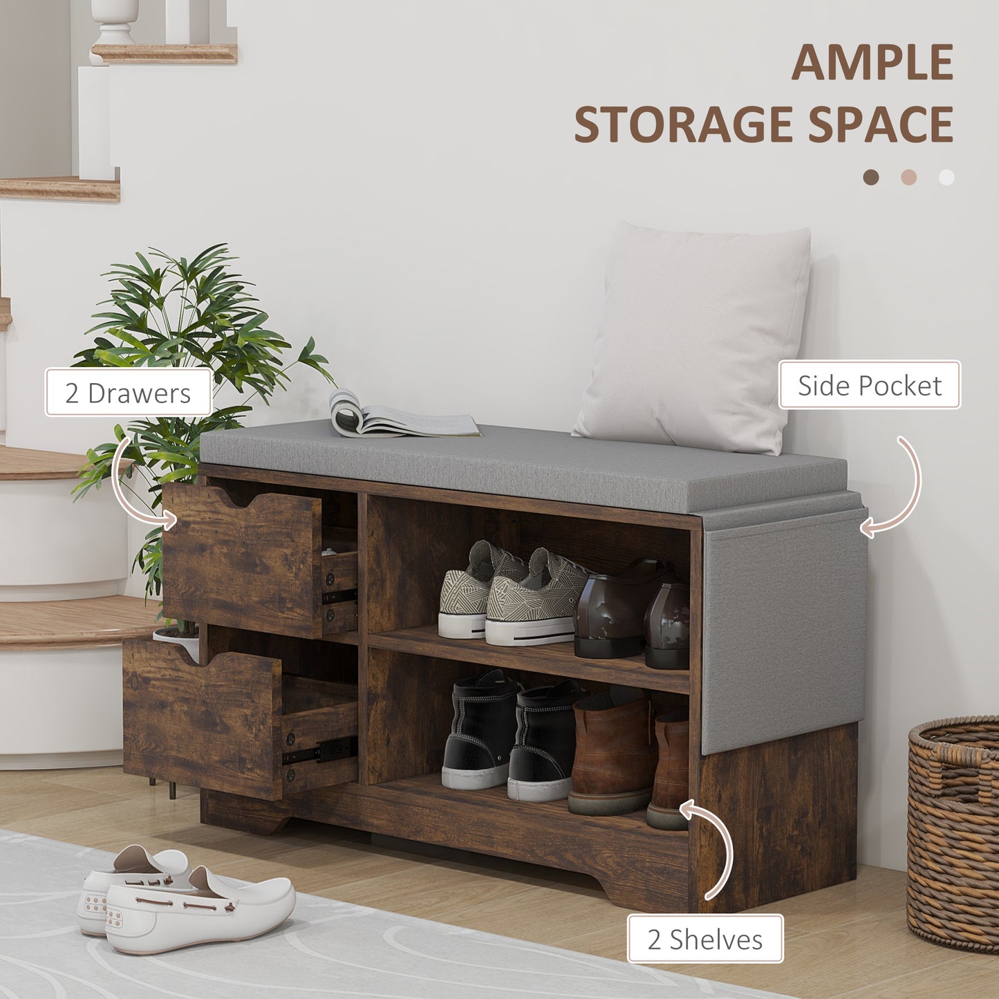 Upholstered Shoe Storage Bench w/ Seat, Entrance Bench w/ Drawer Open Shelves and Pocket for Hallway, Rustic Brown