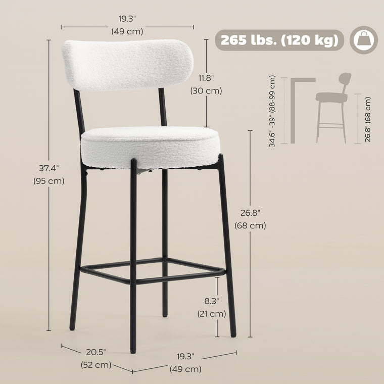 Set of 2 Upholstered Bar Stools with Backrest - Cream White