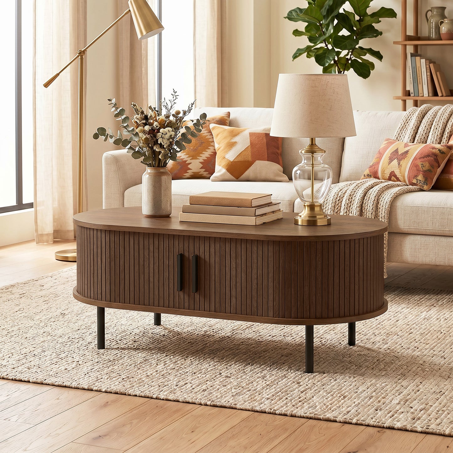Coffee Table with Sliding Tambour Doors and Storage Center Table with Metal Legs, 39", Brown