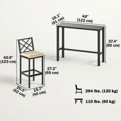 3-Piece Patio Bar Set with Steel Tabletop and Footrest