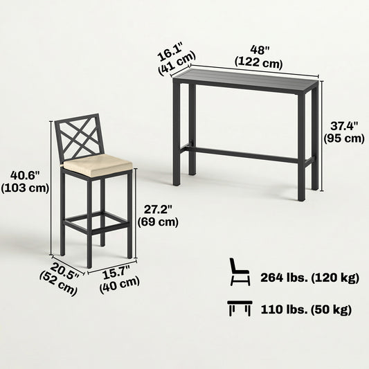 3-Piece Patio Bar Set with Steel Tabletop and Footrest