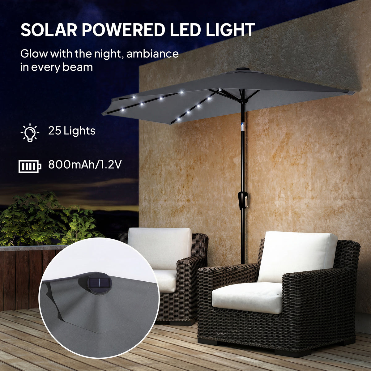 9ft Dark Grey Half Patio Umbrella with Solar LED Lights