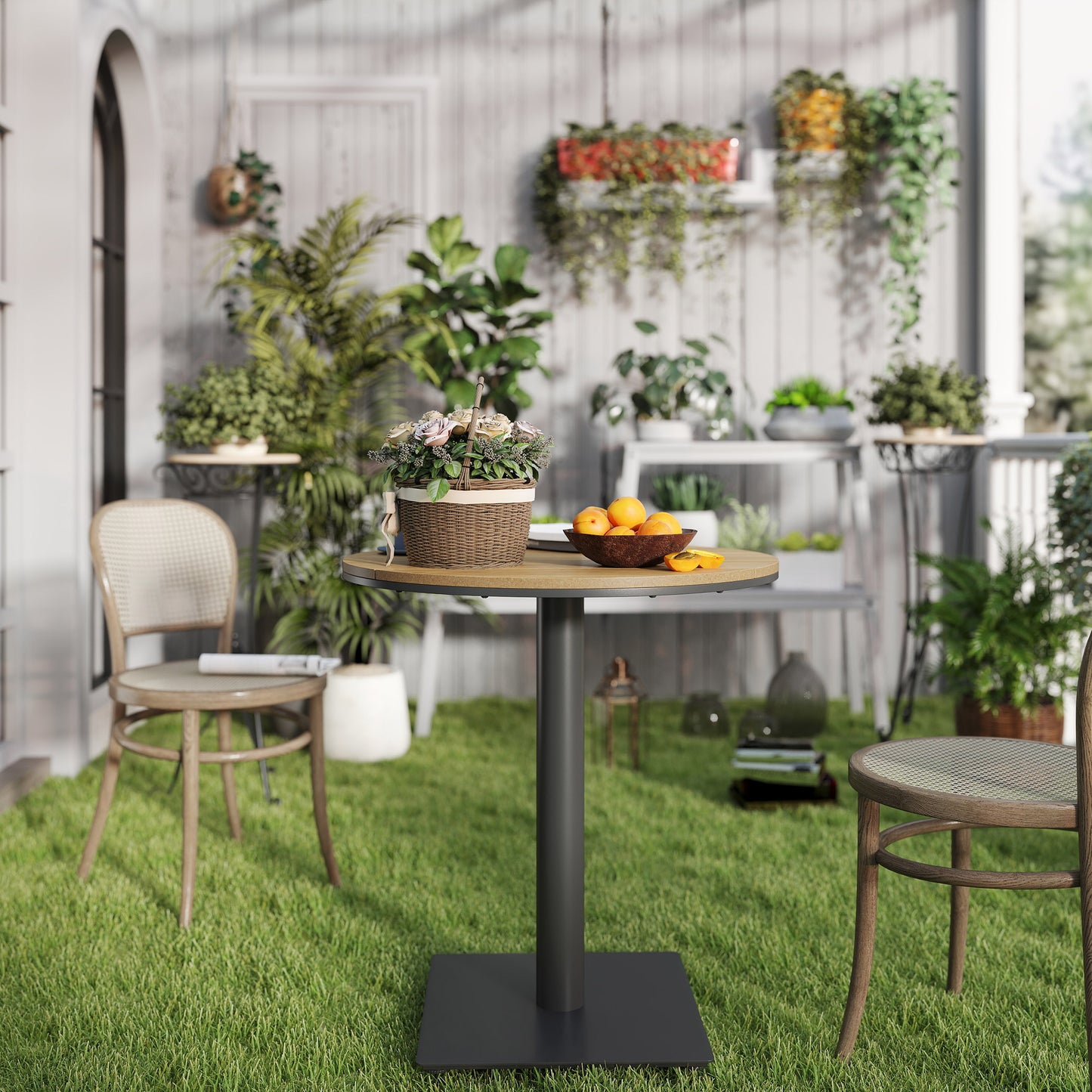 Outdoor Side Table, 28" Weather Resistant Round Patio Table with Slatted Design for Garden, Terrace, Balcony, Natural