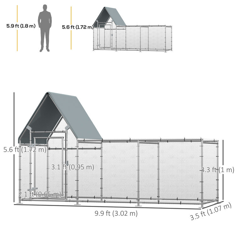 9.9' x 3.5' x 5.6' Galvanized Chicken Run with Weather Cover
