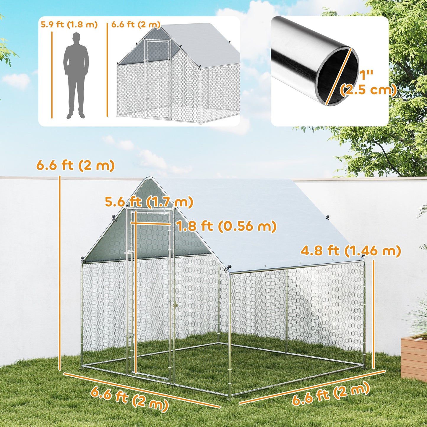 Metal Chicken Coop with Water- and UV-Protection Cover for Backyard Hen, Duck, Rabbit, 6.6' x 6.6' x 6.6'