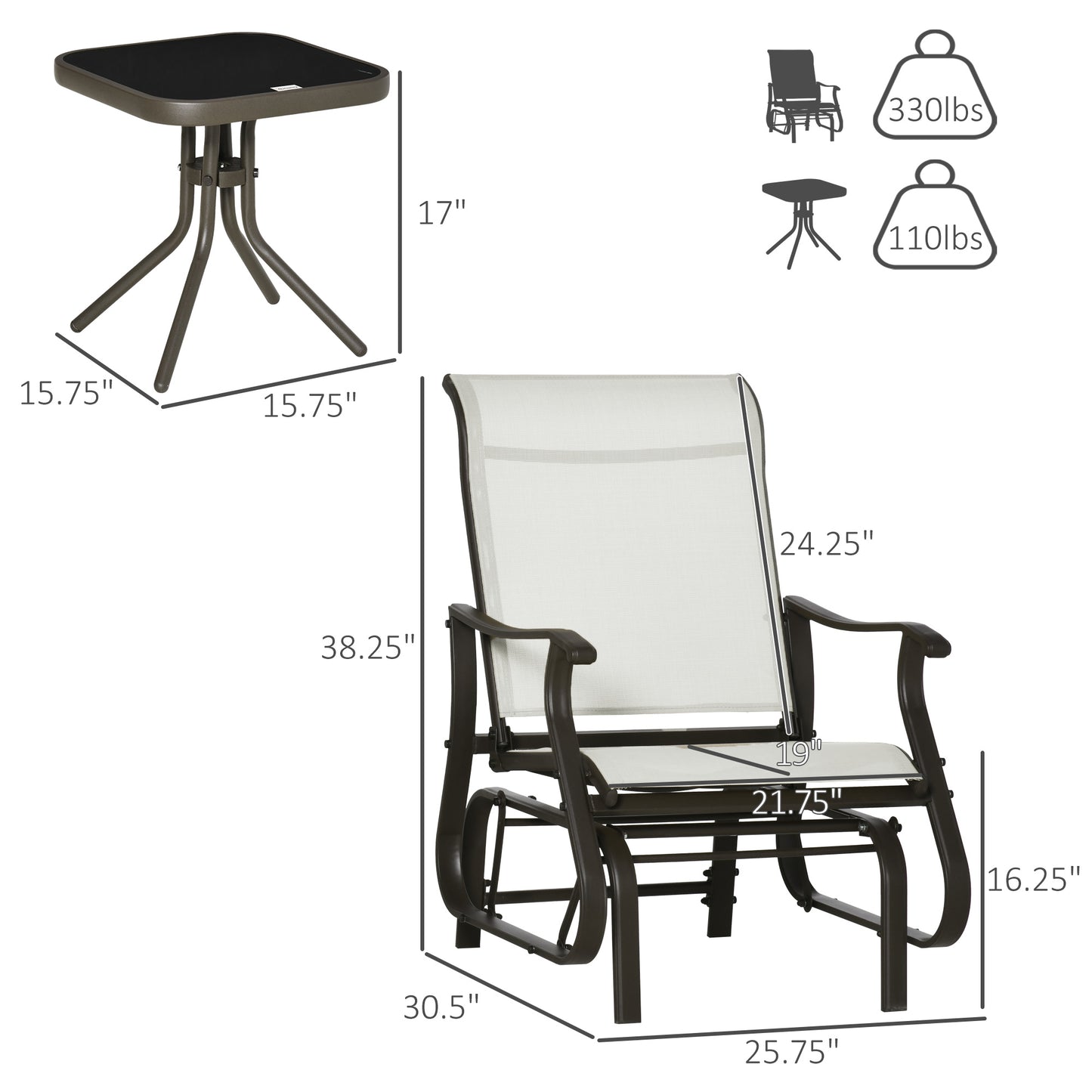 3PCs Gliding Rocking Chair & Bistro Tea Table Set, Mixed Grey