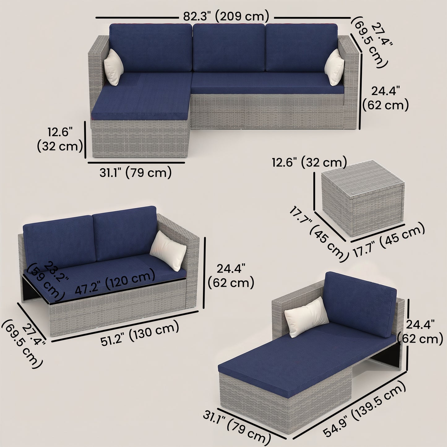 3pcs Modern Rattan Sofa Set, Wicker Patio Furniture Set with Coffee Table, Cushions, Pillows