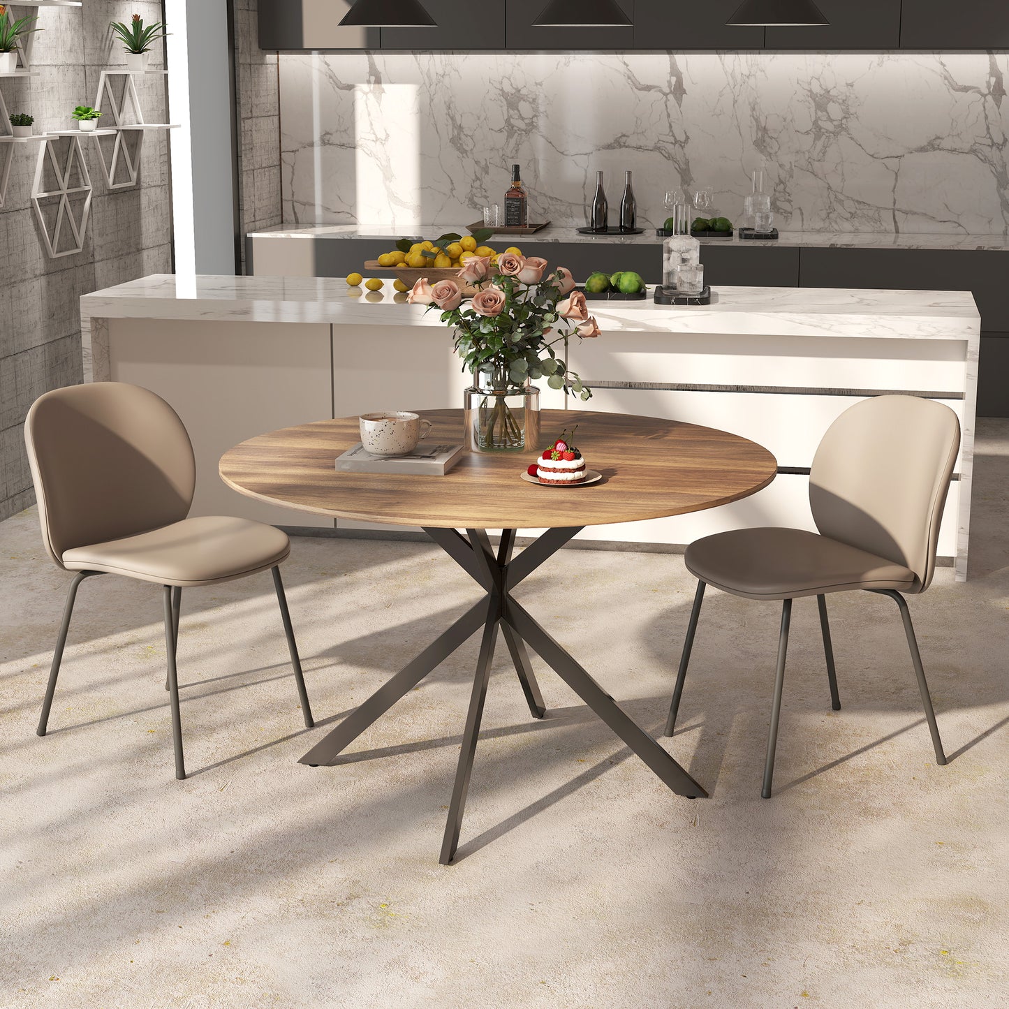 47" Round Kitchen Table for 4, Industrial Dining Table with Steel Legs for Dining Room, Dark Brown and Black
