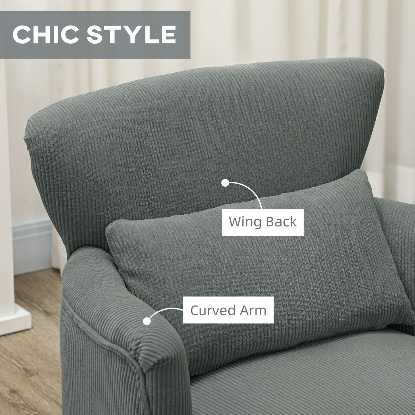 Modern Accent Chair, Upholstered Armchair with Solid Wood Legs and Lumbar Pillow for Living Room, Grey