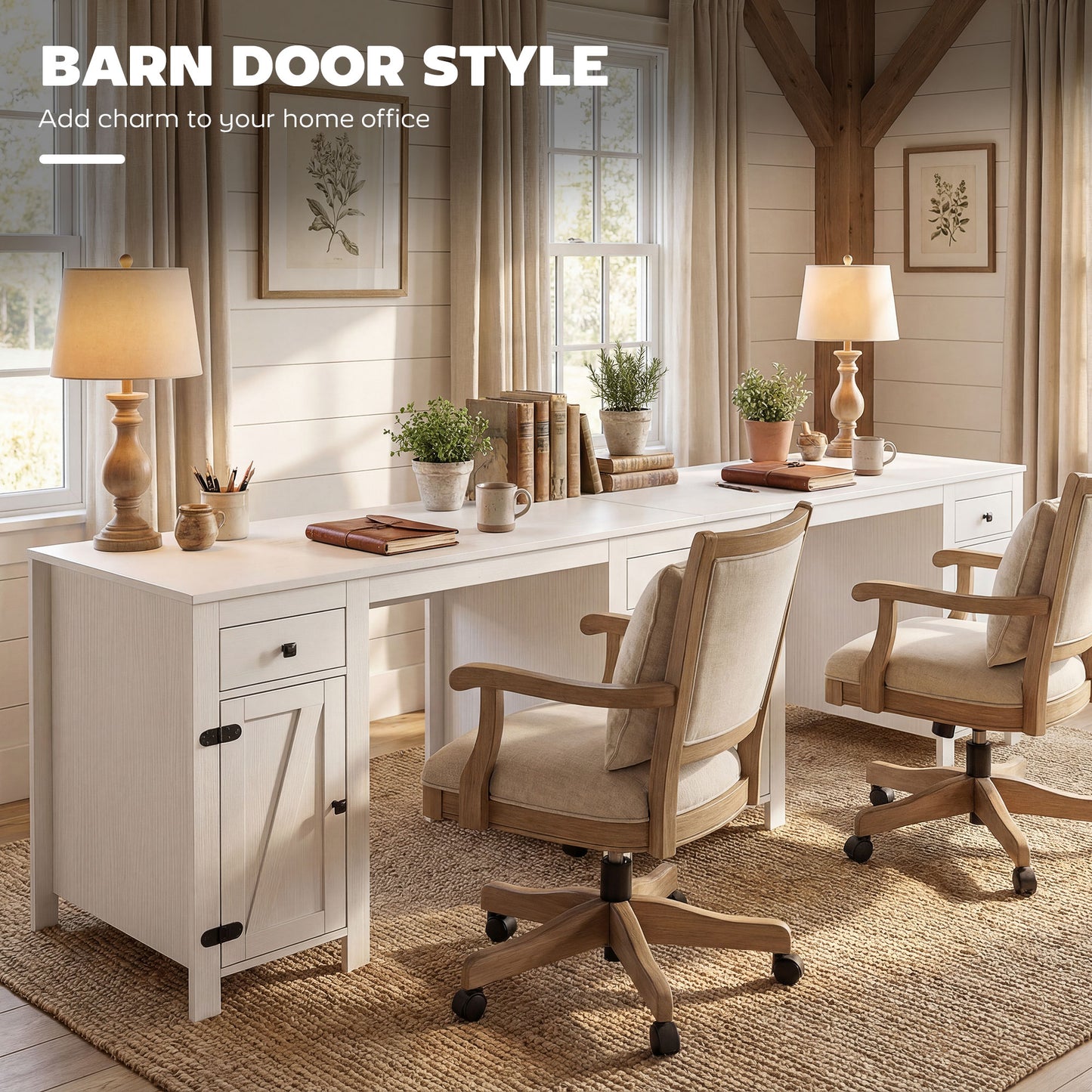 53" Farmhouse Executive Desk, Computer Desk with Drawers and 2 Cabinets, Study Table for Home Office, White Wood Grain