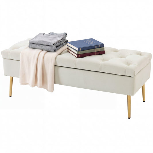 Velvet Tufted Bedroom Bench with Gold Legs - Beige