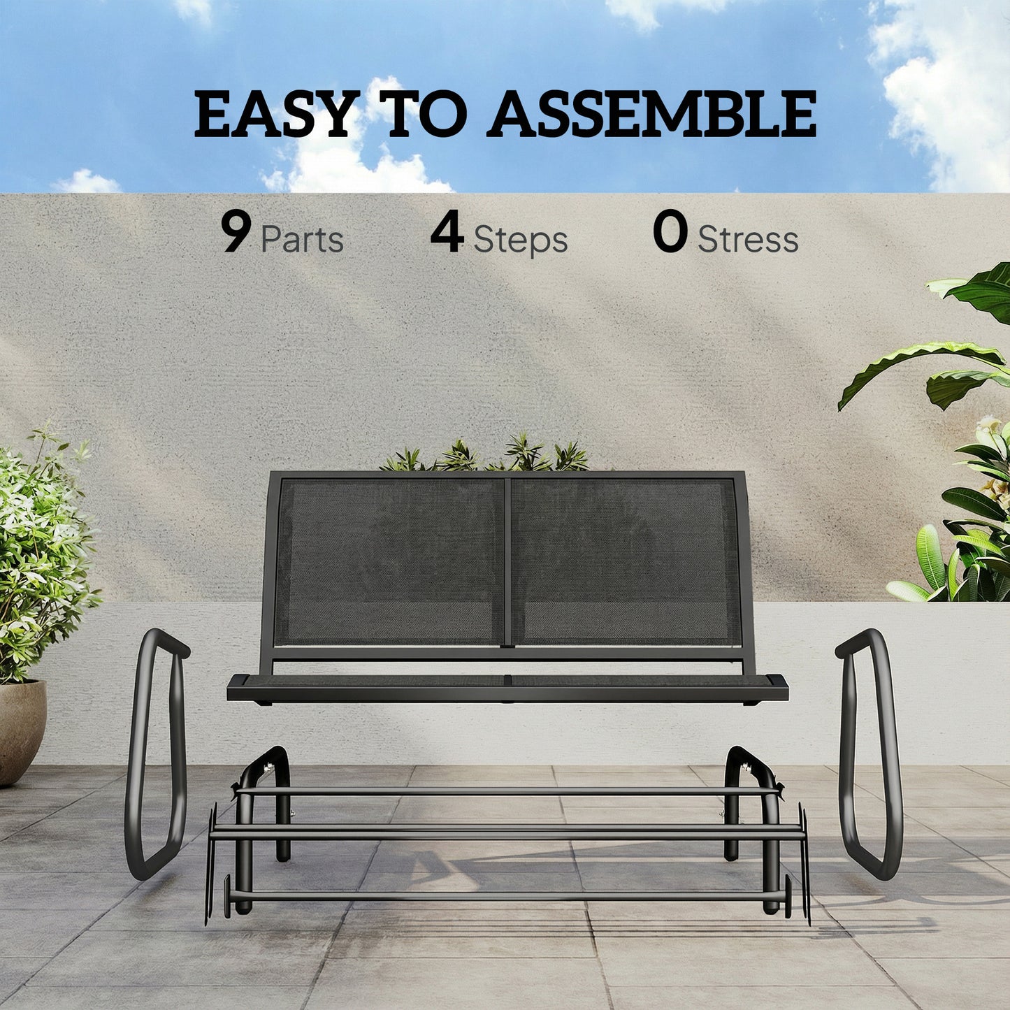 Outdoor Glider Bench, 2 Seater Garden Patio Glider Chair with Sling Fabric Seat, Steel Frame, Black