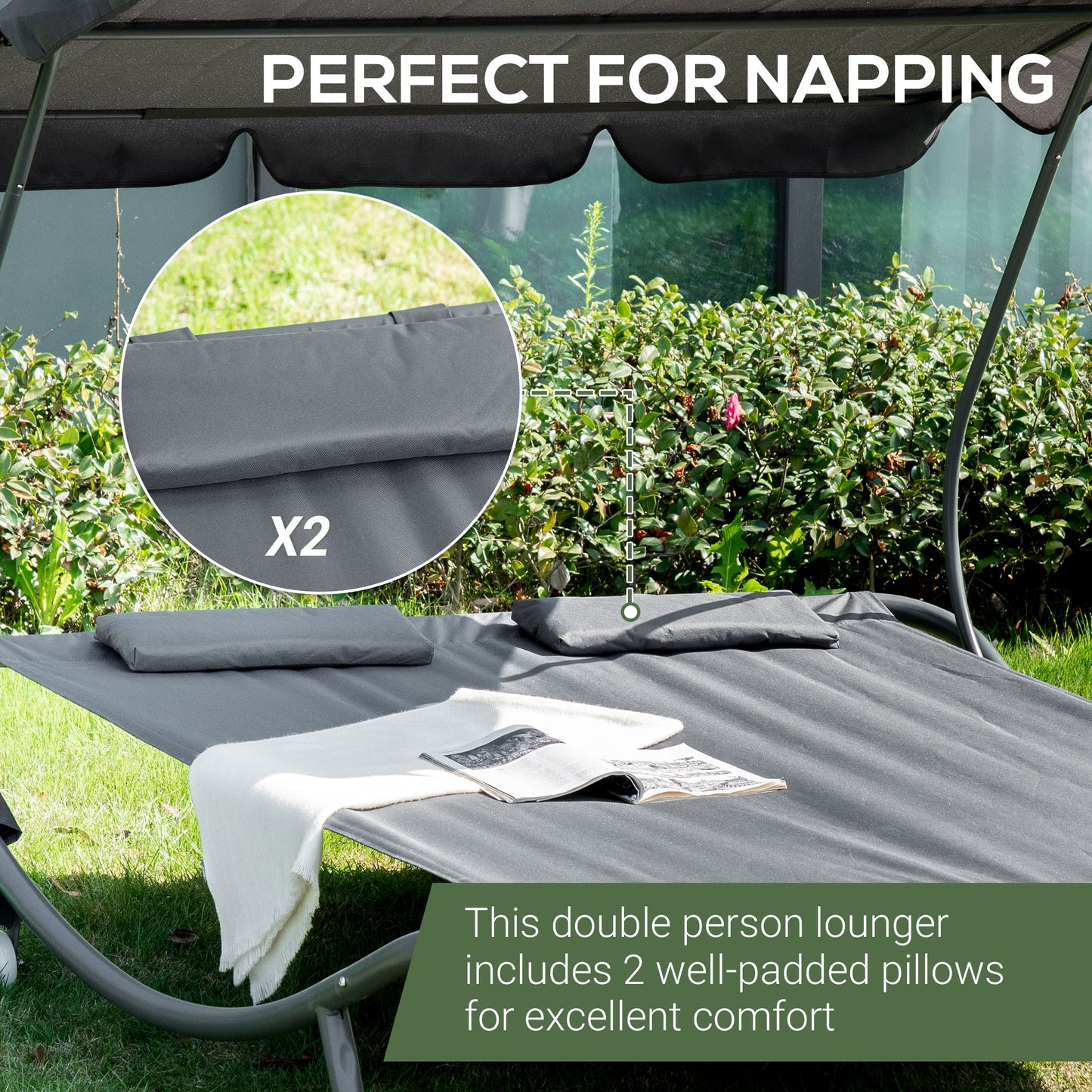 Double Patio Lounger with Adjustable Canopy, Outdoor Daybed Hammock Lounger with Headrest Pillows, Two Moving Wheels for Poolside, Garden, Grey