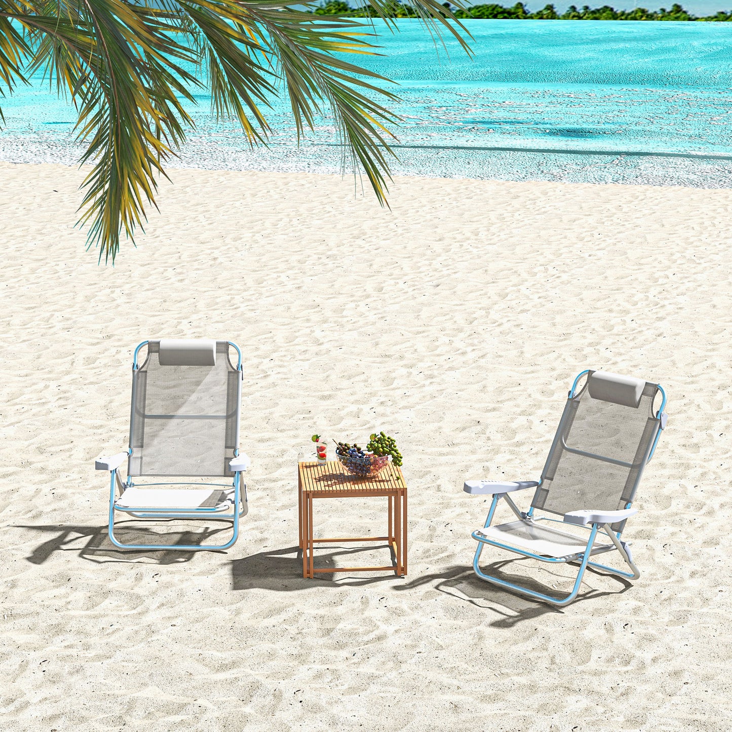 Set of 2 Camping Chairs, Beach Chairs with Adjustable Backrest and Headrest, Folding Chair for Outdoor, Light Grey