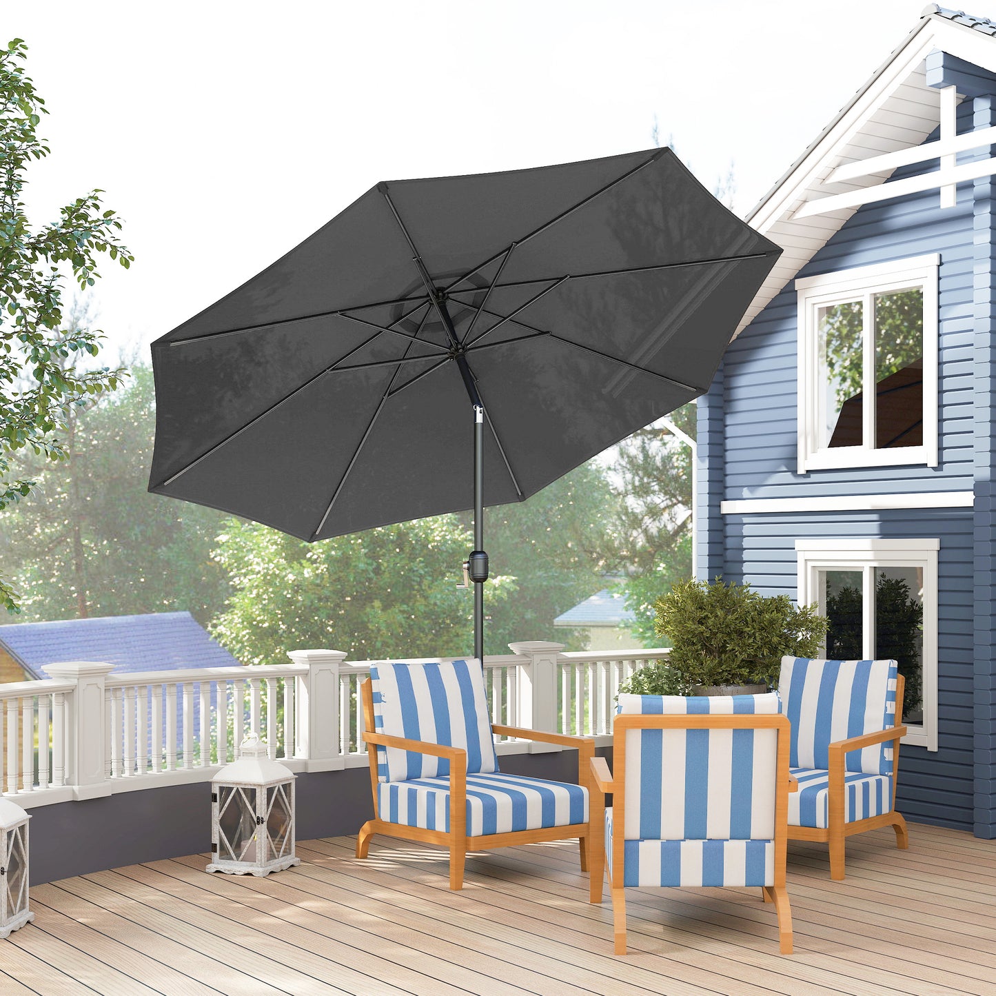 10' x 8' Round Market Umbrella, Patio Umbrella with Crank Handle and Tilt, Outdoor Parasol for Garden, Bench, Lawn, Grey