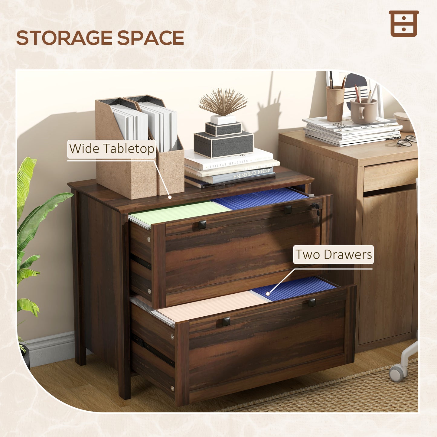 2 Drawer File Cabinet, Lockable Filing Cabinet with Adjustable Hanging Bar for Letter, A4 and Legal Size, Brown