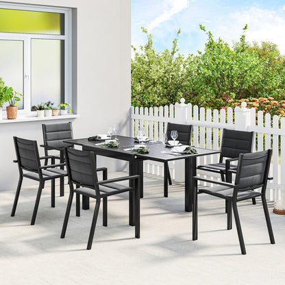 Patio Dining Set for 6, Aluminum Expandable Outdoor Table and 6 Stackable Chairs with Padded Back, Mesh Seat, Black - Black
