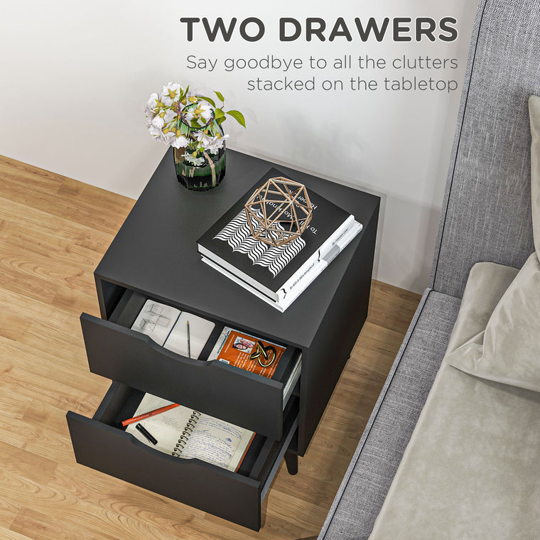2-Drawer Nightstand with Wood Legs - Black