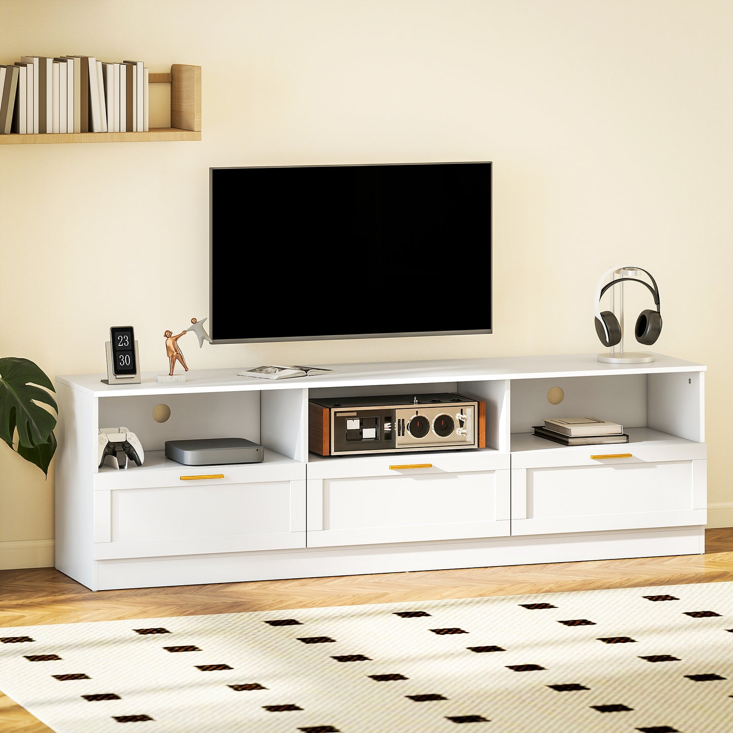 TV Stand with Storage, Modern Entertainment Center with 3 Cabinets and 3 Open Shelves, for TVs up to 85", White