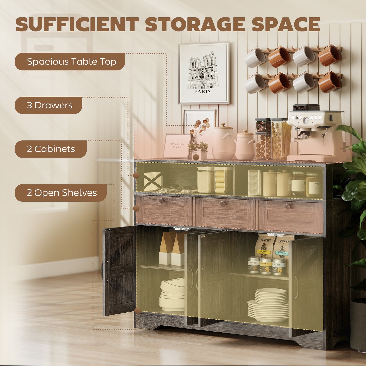 Sideboard, Buffet Cabinet with 4 Barn Doors and 3 Drawers, Coffee Bar Cabinet with Adjustable Shelves, Dark Brown