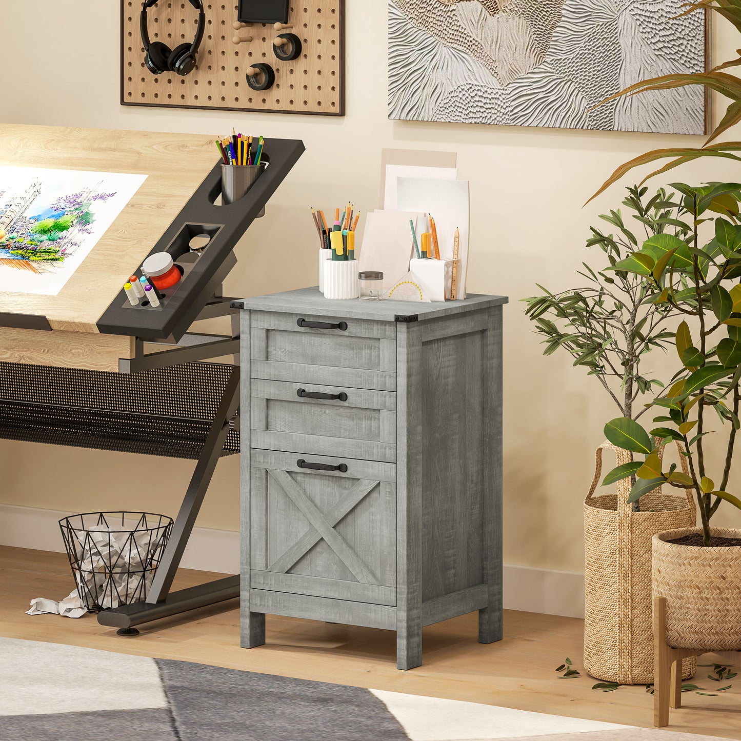 Vertical Filing Cabinet with 3 Drawers, Rustic Farmhouse Office Storage Cabinet for A4, Letter Size, Stone Grey