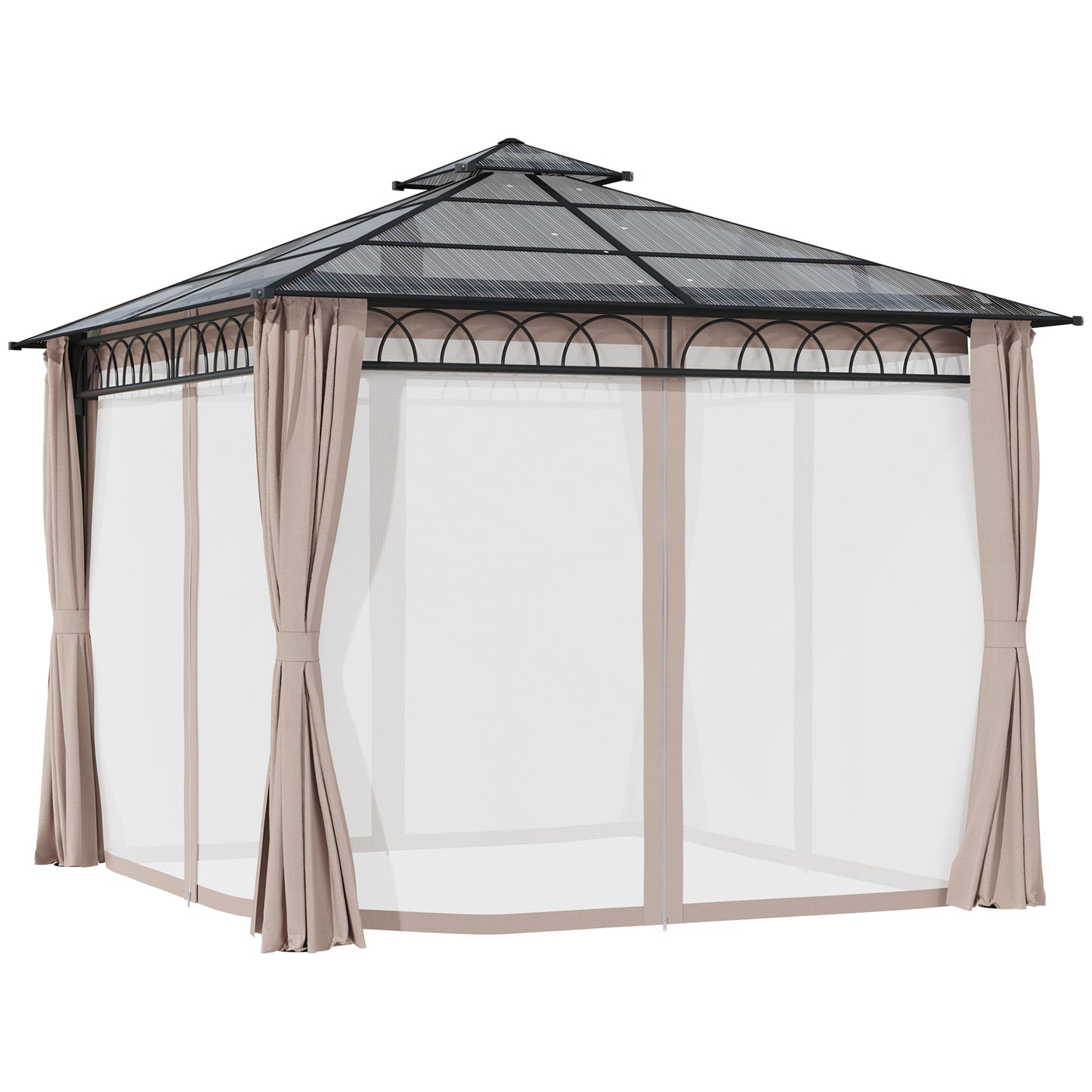 10' x 10' Outdoor Hardtop Gazebo Canopy w/ Double PC Roof, Steel Frame, Nettings, Curtains for Garden Lawn Deck, Khaki