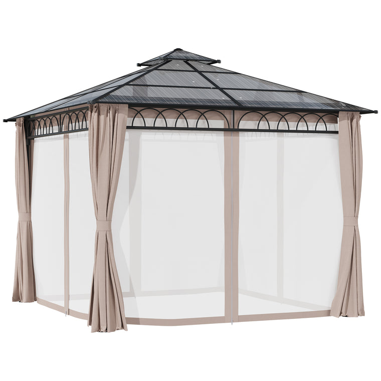 10' x 10' Khaki Hardtop Gazebo with Double PC Roof & Curtains