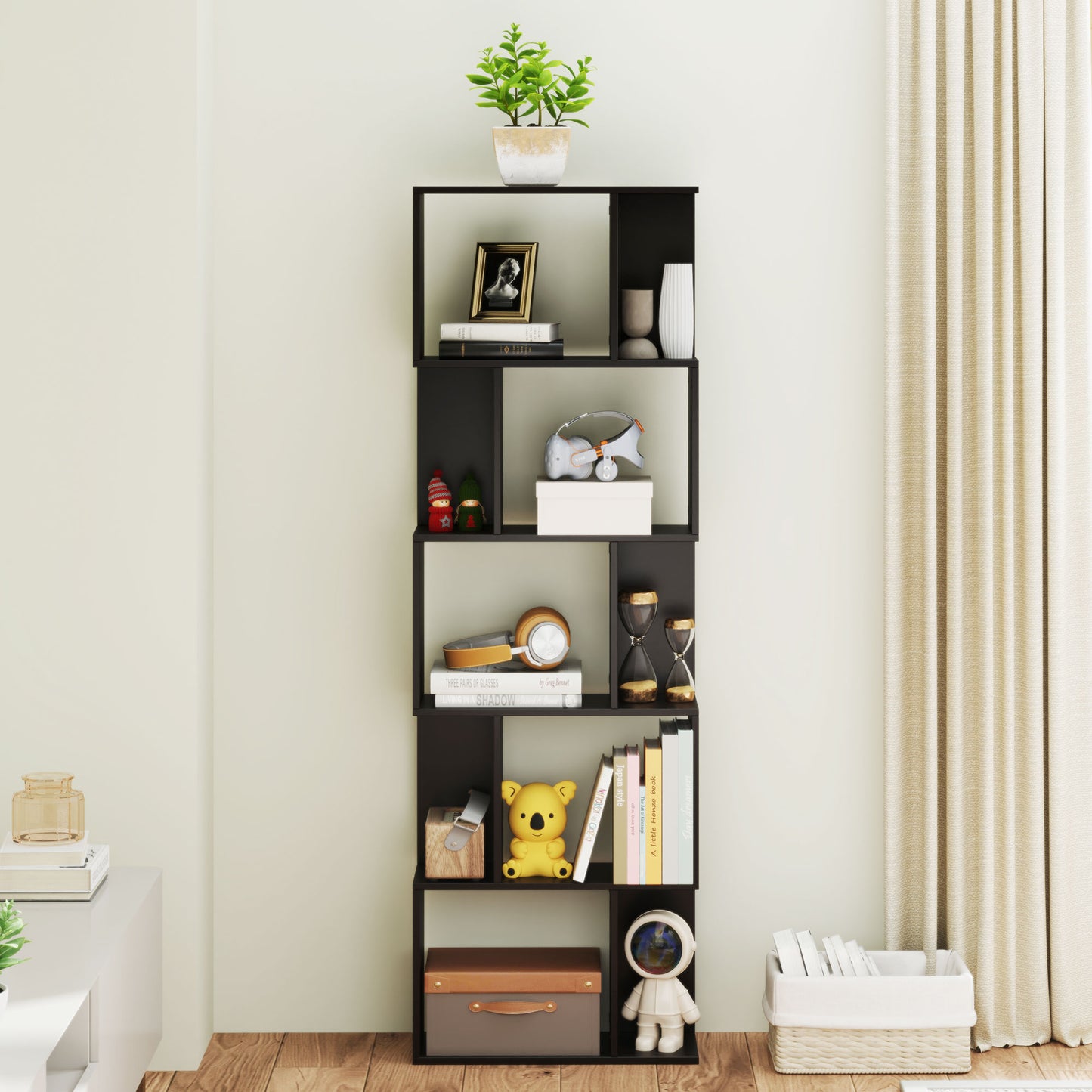 5-Tier Geometric Bookshelf, S Shaped Bookcase, Modern Freestanding Display Shelf Unit for Home Office, Black