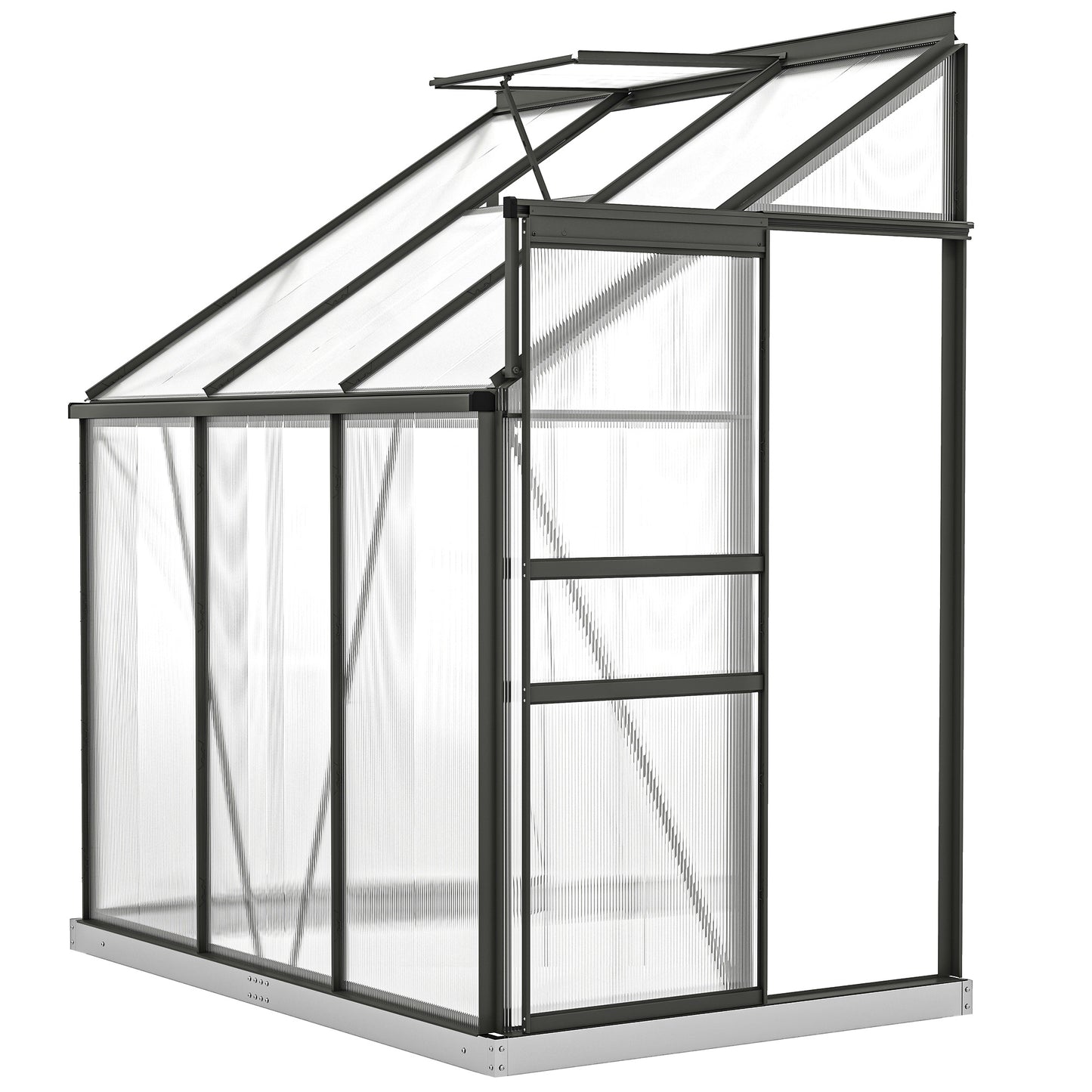 Aluminum Lean-to Greenhouse Polycarbonate Walk-in Greenhouse with Rain Gutter and Sliding Door, 6' x 4', Dark Grey