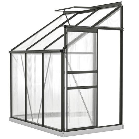 Aluminum Lean-to Greenhouse Polycarbonate Walk-in Greenhouse with Rain Gutter and Sliding Door, 6' x 4', Dark Grey