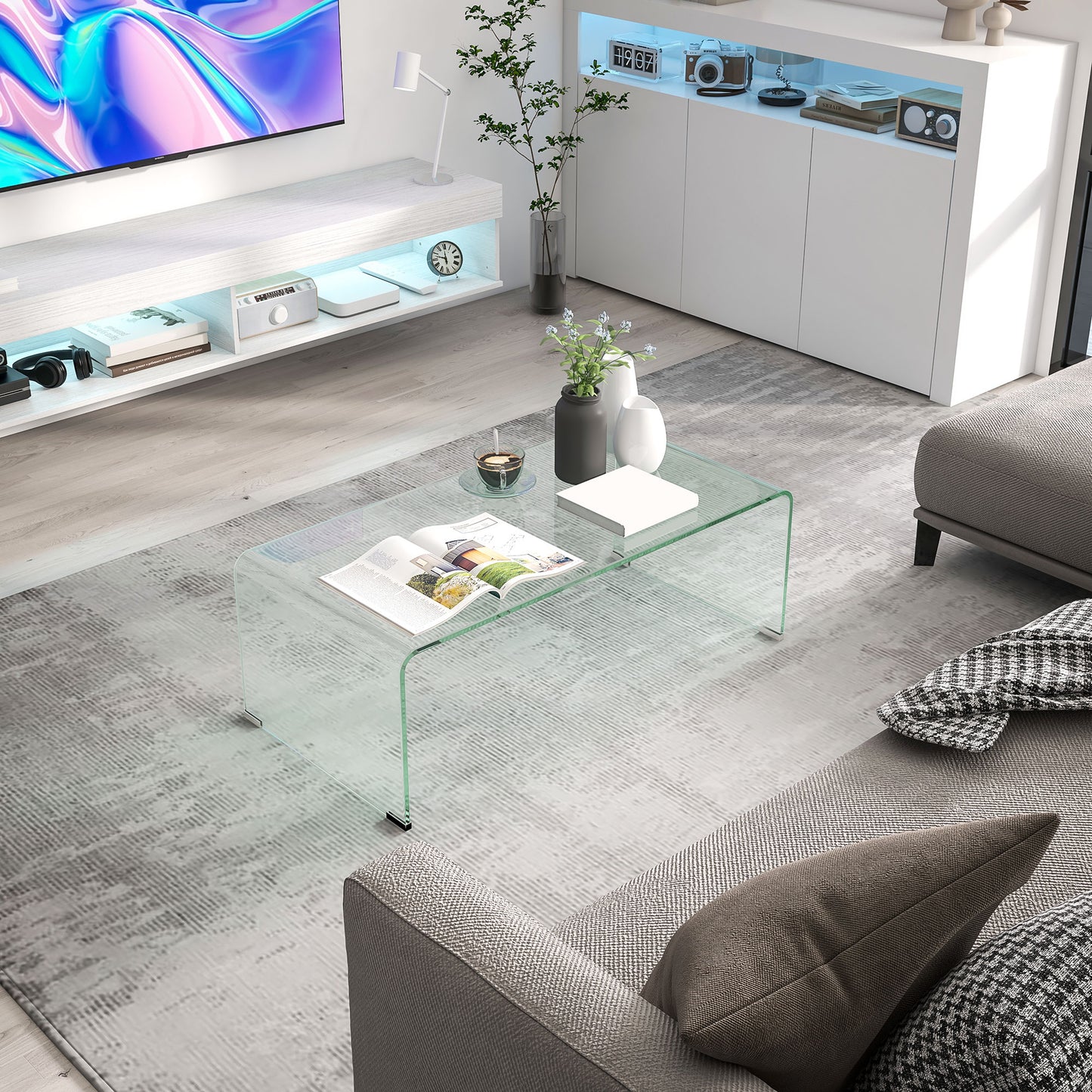 Glass Coffee Table, Clear Coffee Table for Living Room, Modern Rectangle Center Table with Safe Rounded Edges