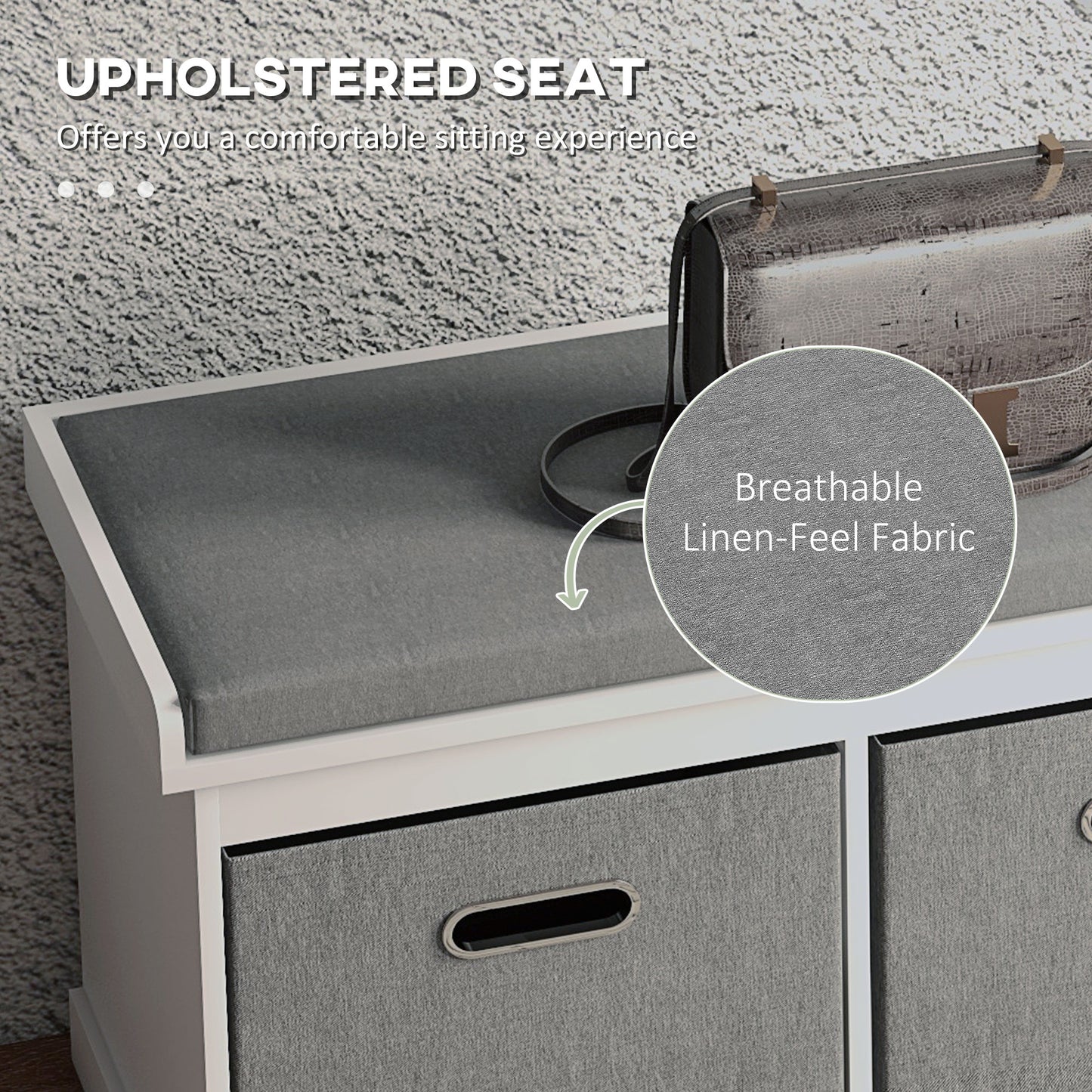 Shoe Storage Bench with Seat, Entryway Bench Seat with Cushion, 2 Fabric Drawers for Hallway, White